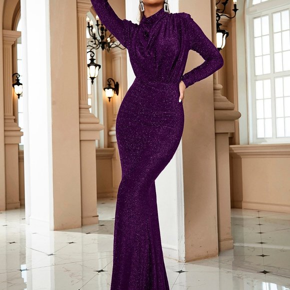 Brand New Draped Front Mock Neck Glitter Formal Gown Purple - Picture 5 of 6